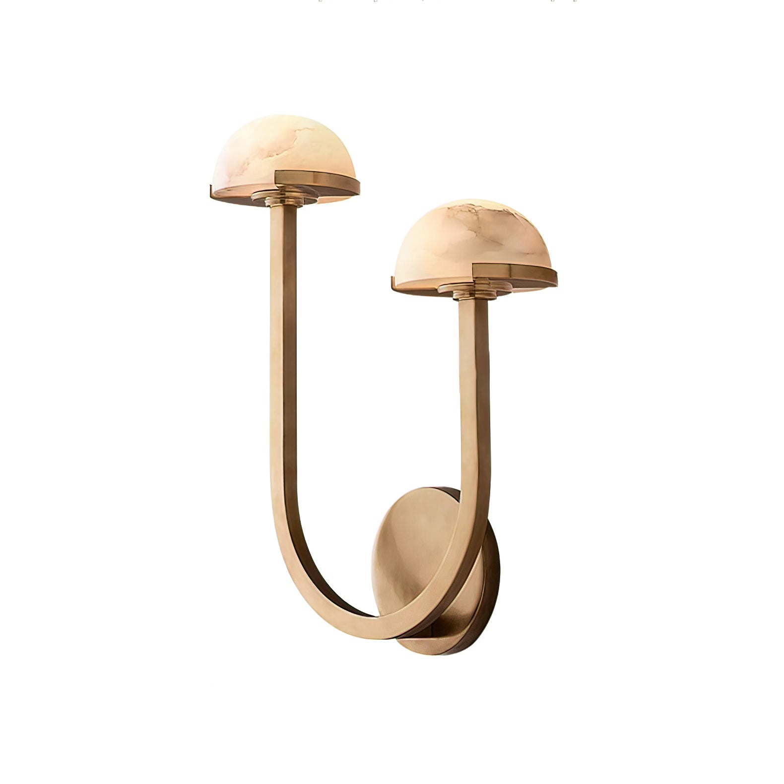 Brass Vitalira Double Alabaster Wall Light on white, both mushroom domes showing their stone veining.