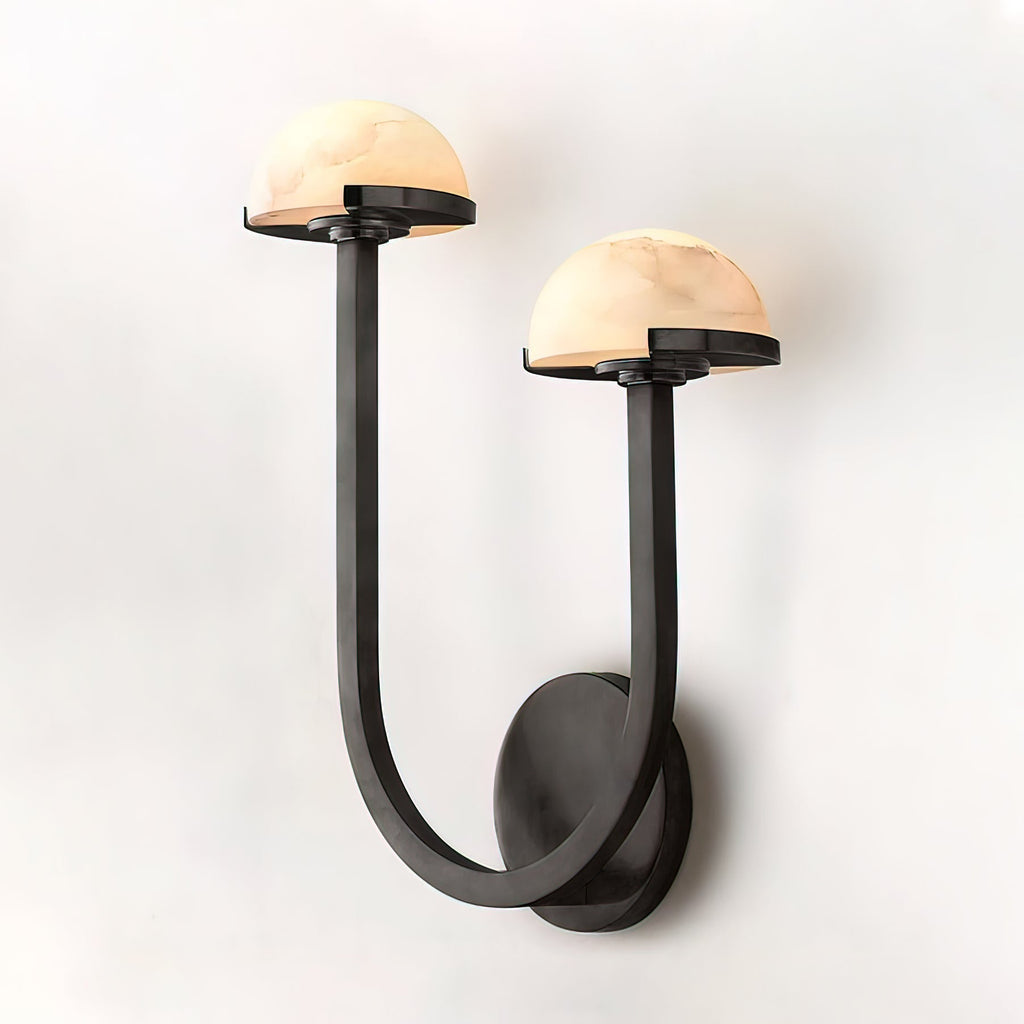 Vitalira Double Alabaster Wall Light in dark bronze, lit, shown full-length on a plain white background.