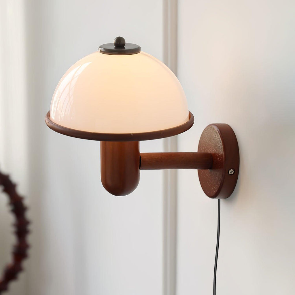 Oak mushroom wall lamp detail of the rounded white diffuser shade