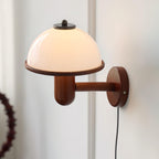 Oak mushroom wall lamp detail of the rounded white diffuser shade