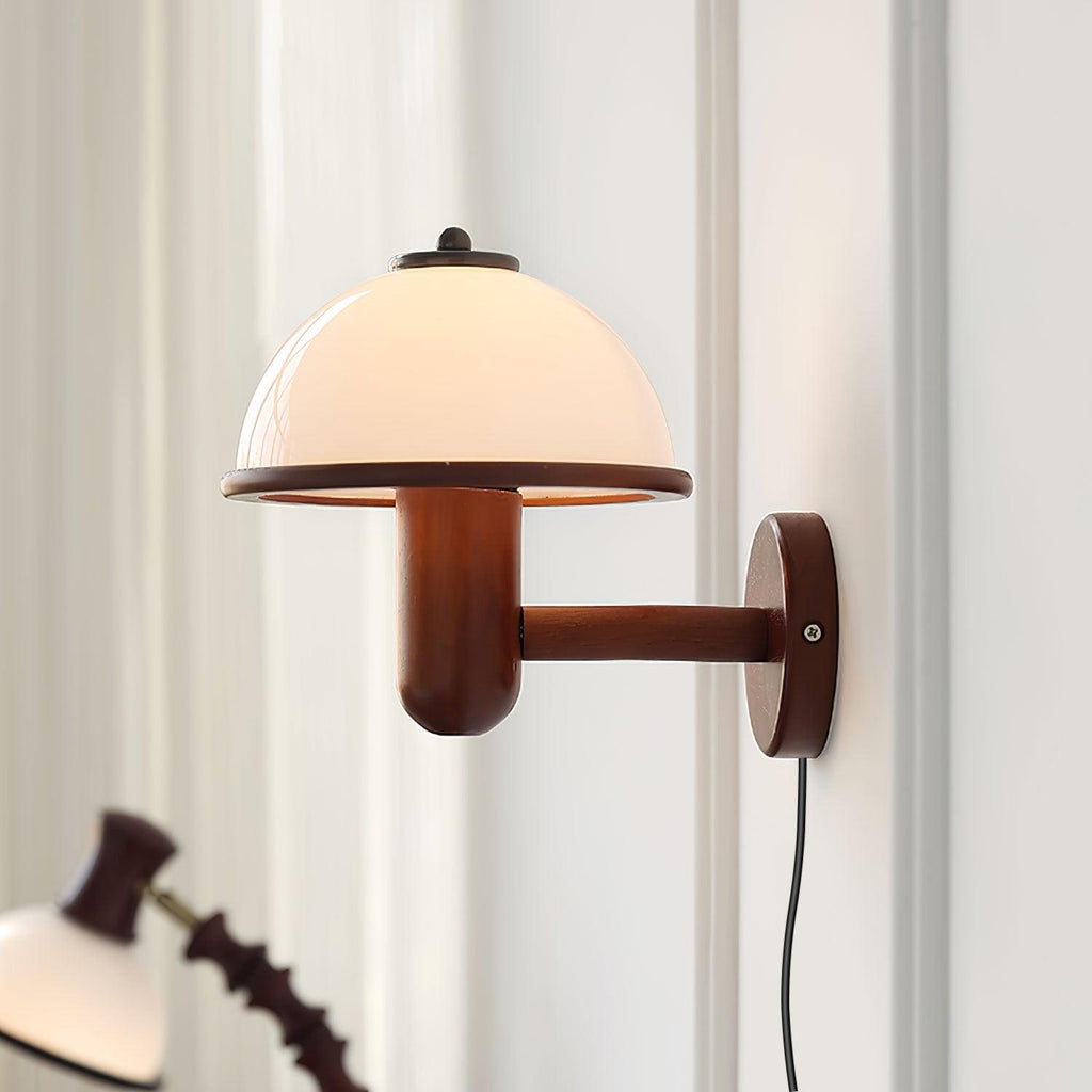 Mushroom wall lamp lighting a cozy corner at dusk