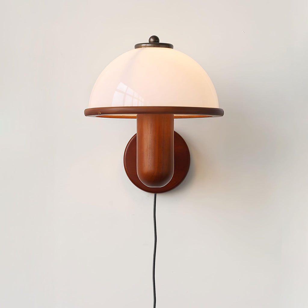 Oak mushroom wall lamp glowing warmly in an office setting