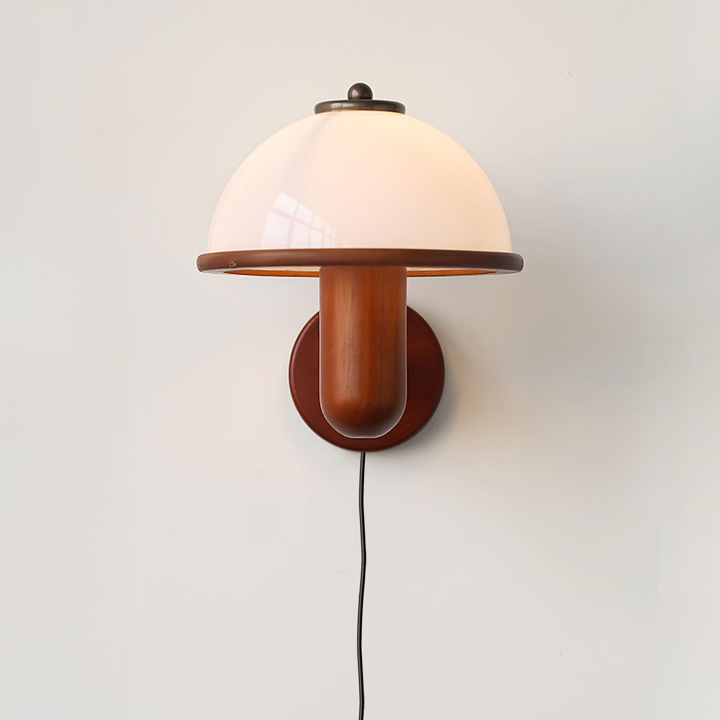 Oak mushroom wall lamp glowing warmly in an office setting