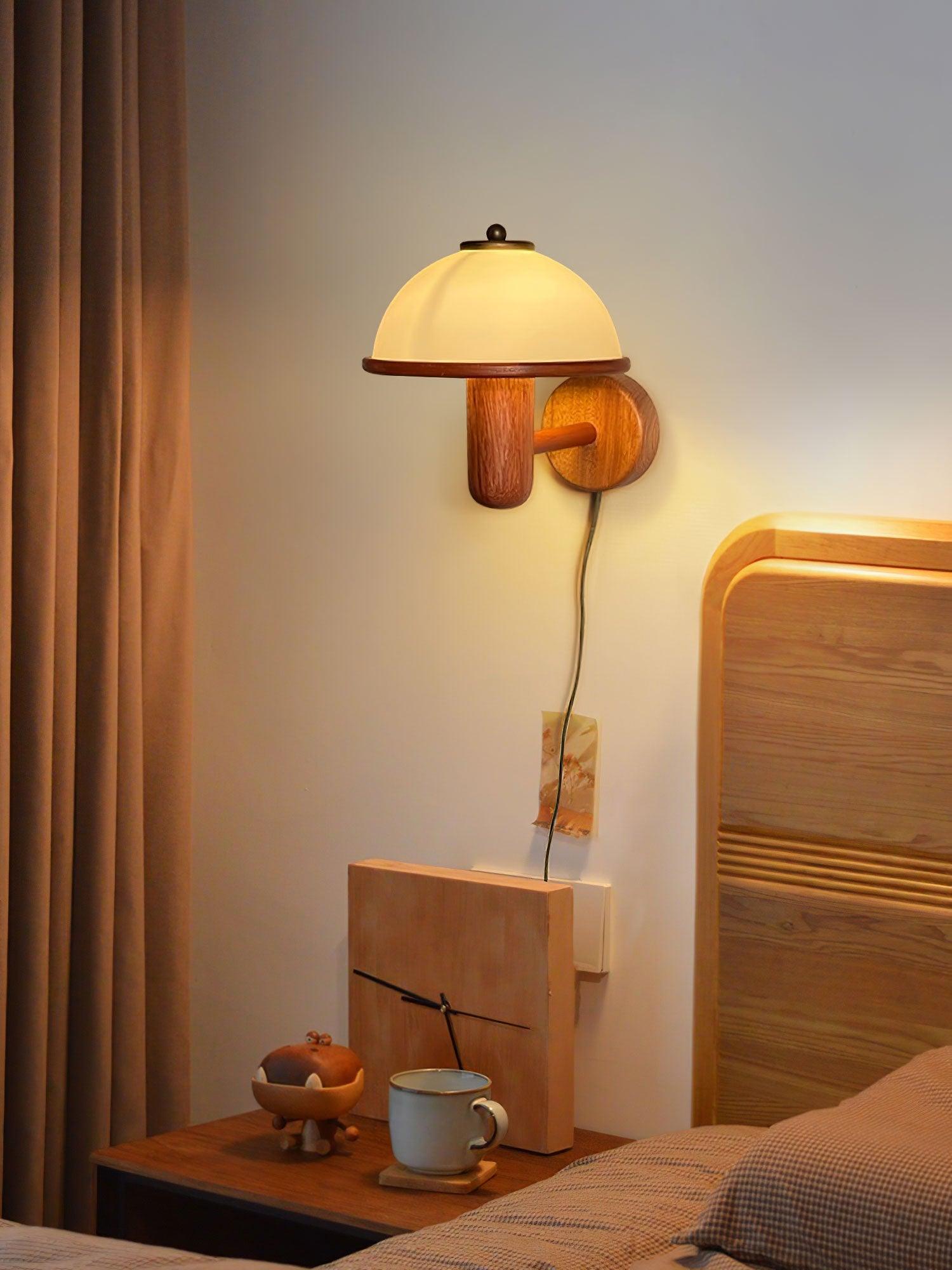 Dark oak mushroom wall lamp styled in a contemporary living room