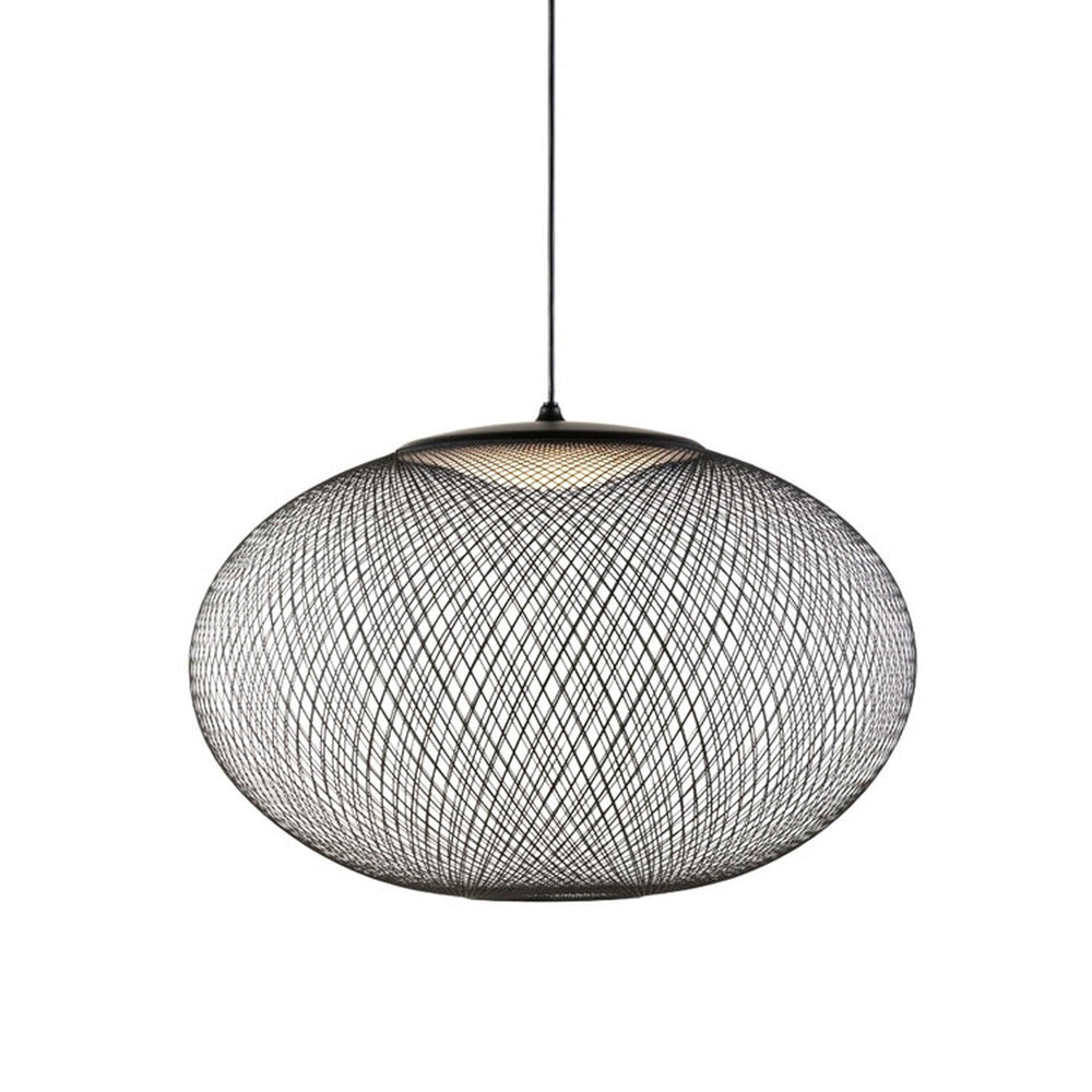 Iron lattice pendant light glowing in a warm interior