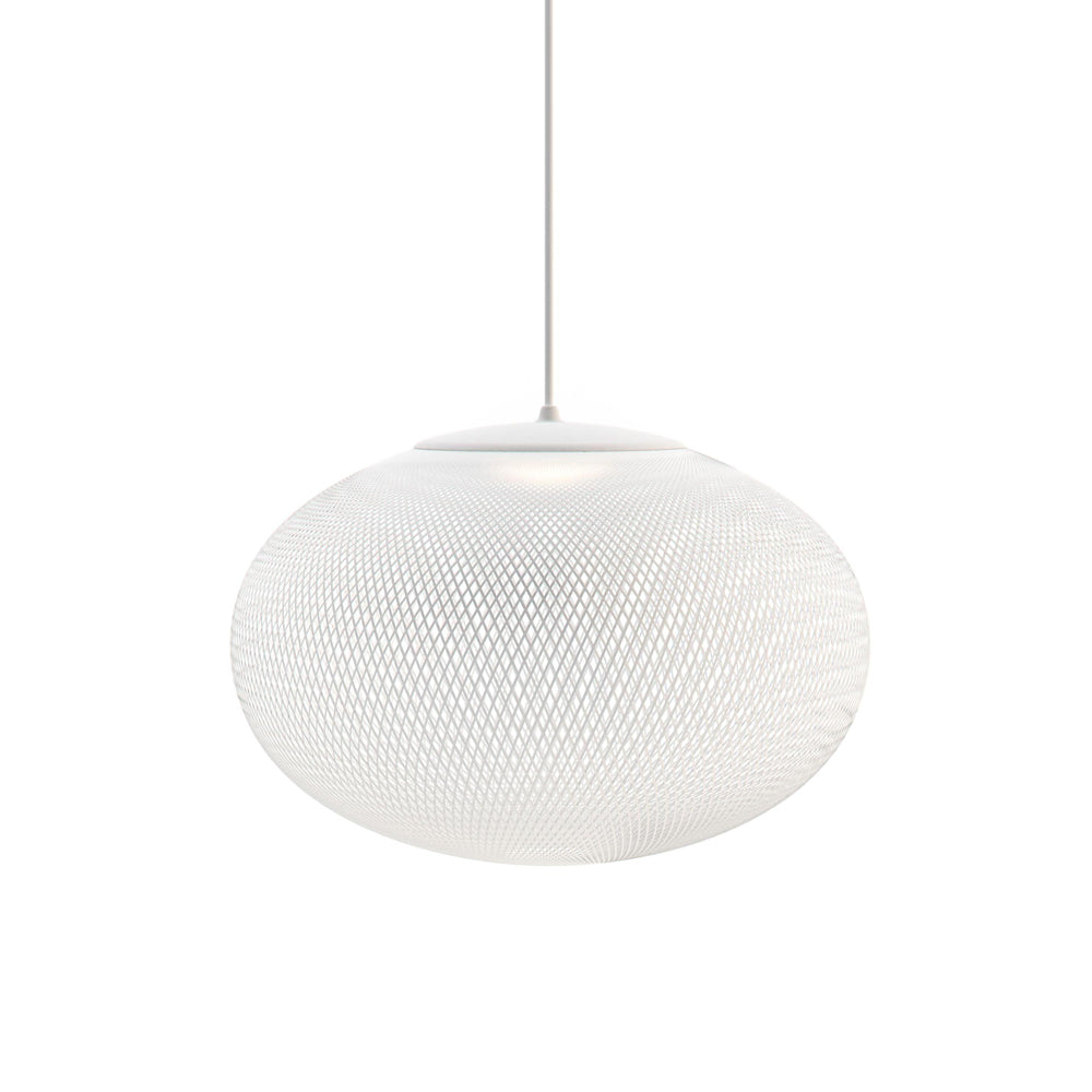 Latticed pendant light shown lit from within