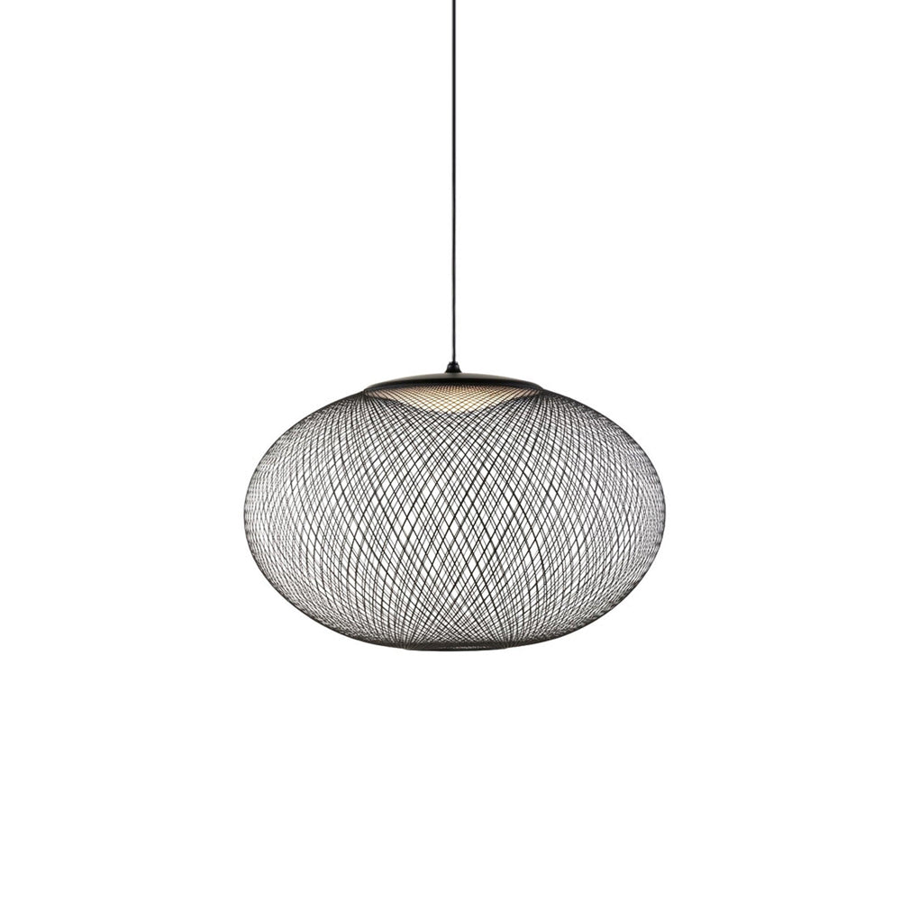 Latticed iron mesh pendant light glowing softly overhead