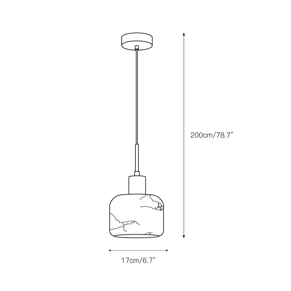 Line drawing of a pendant light with dimensions on a white background