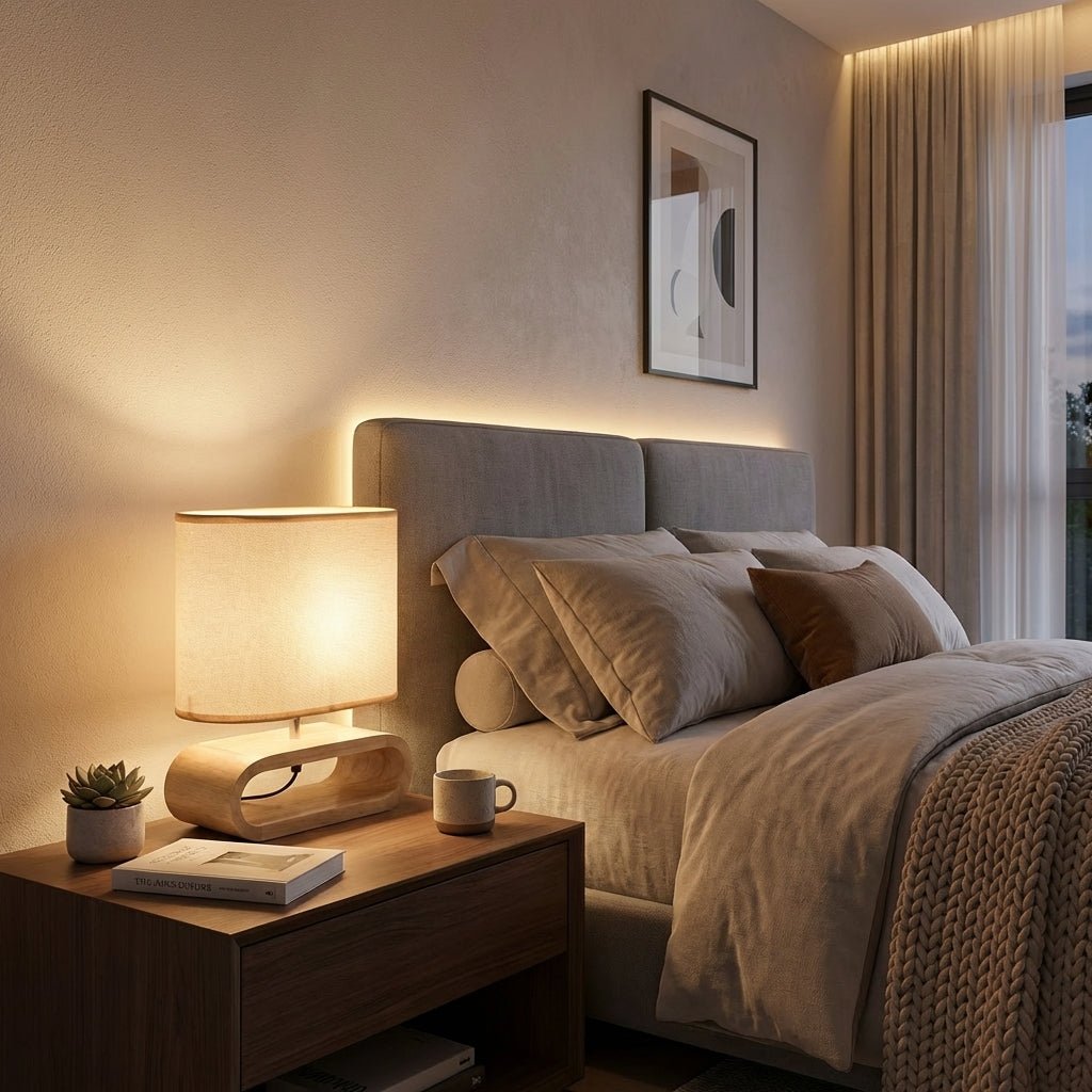 Nordic Style Natural Wood Lamp With LED 16-Inch Tall Fabric Shade