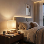 Nordic Style Natural Wood Lamp With LED 16-Inch Tall Fabric Shade