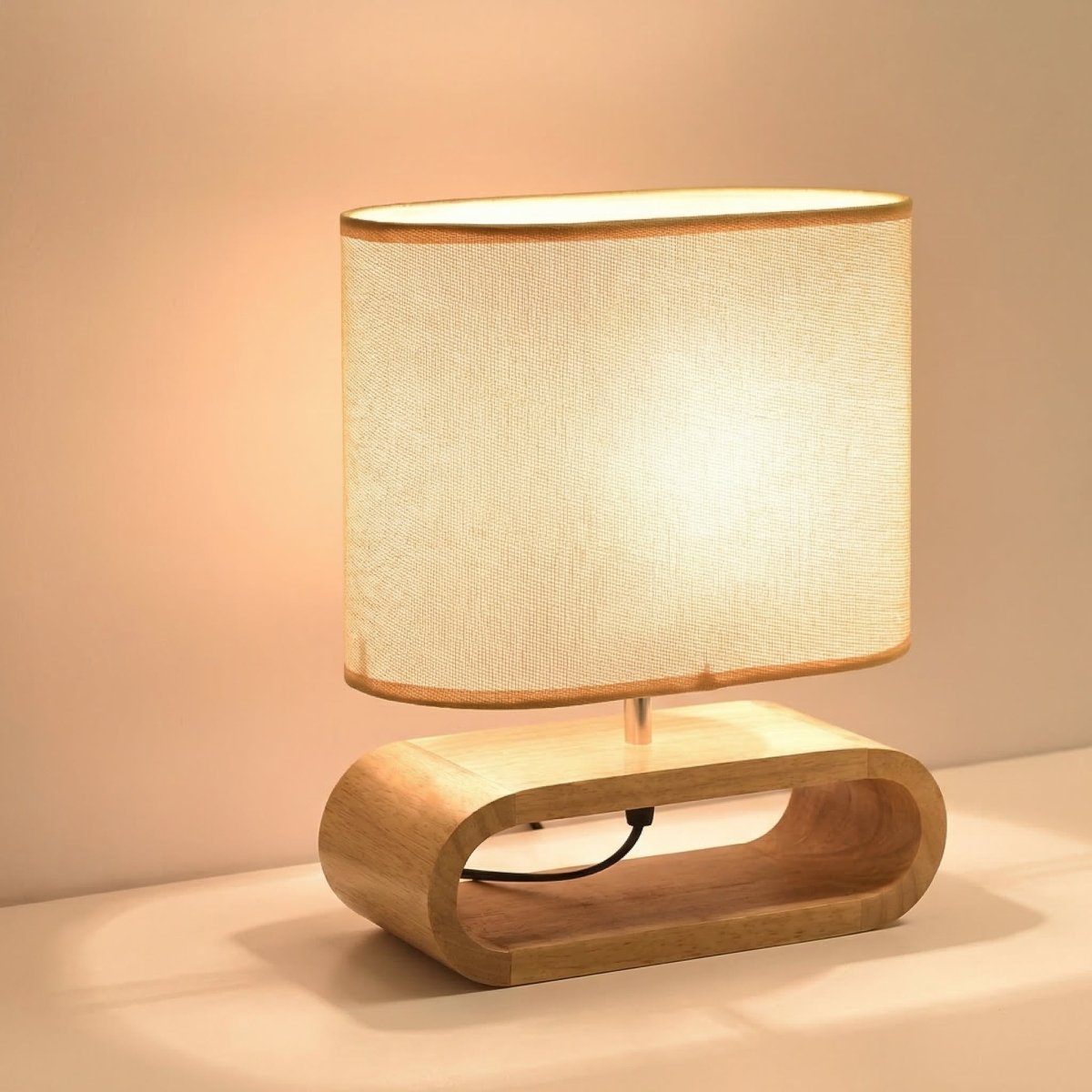 Nordic Style Natural Wood Lamp With LED 16-Inch Tall Fabric Shade
