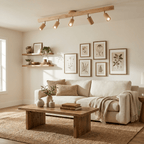 Natural wood spotlight fixture shown from a side angle