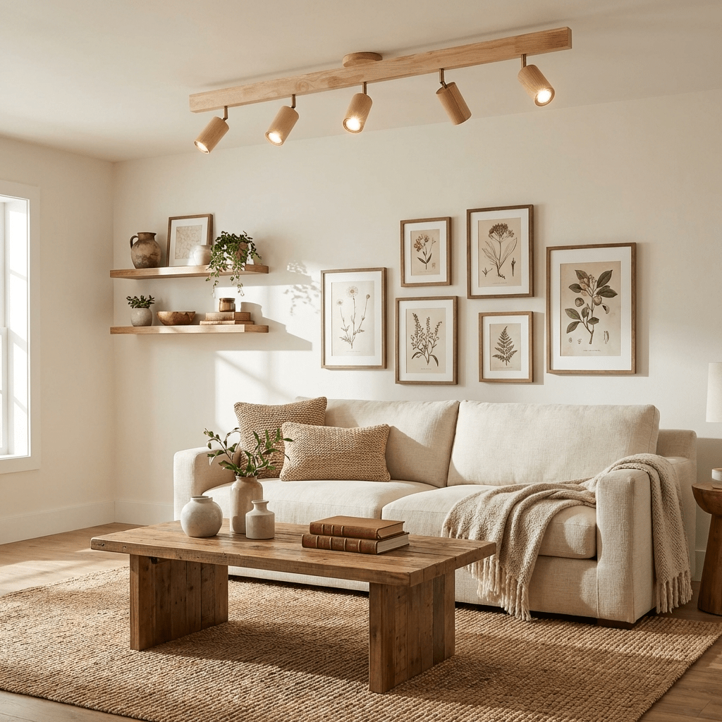 Natural wood spotlight fixture shown from a side angle
