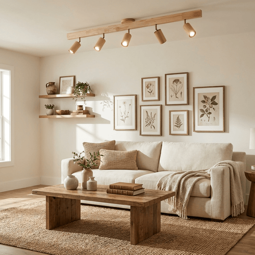 Natural wood spotlight fixture shown from a side angle