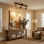 Multi-head wood track spotlight against a neutral background