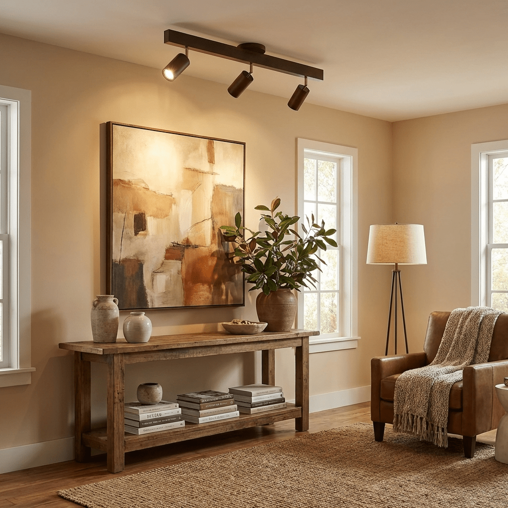 Multi-head wood track spotlight against a neutral background