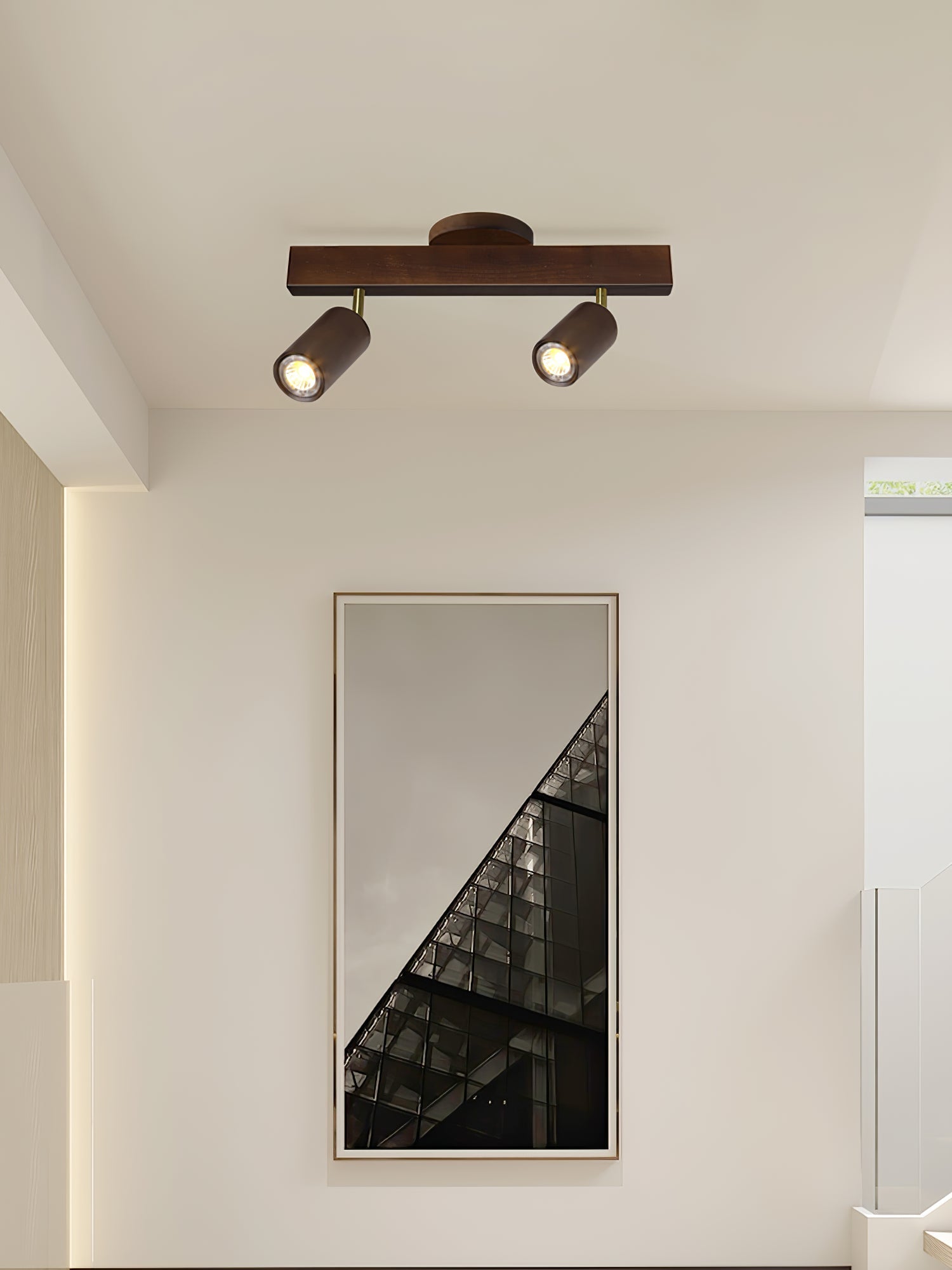 Wood track spotlight with warm bulbs in a cozy setting