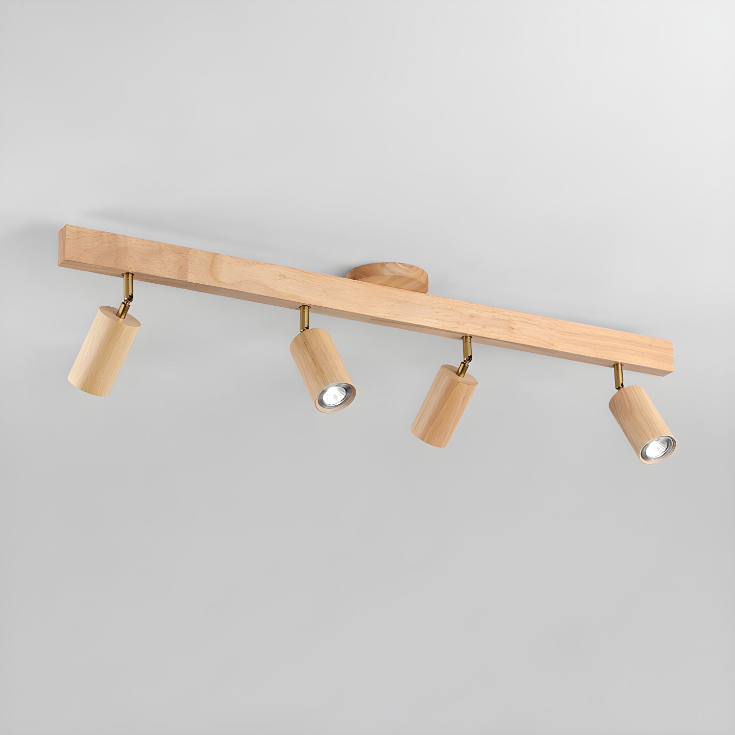 Natural wood track spotlight mounted along a ceiling beam