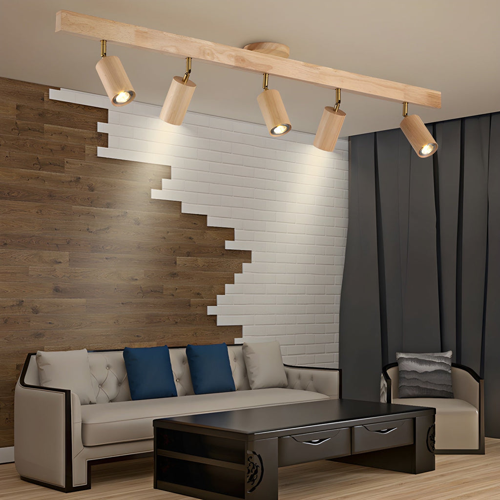 Wood-shade spotlight casting focused warm light on a surface