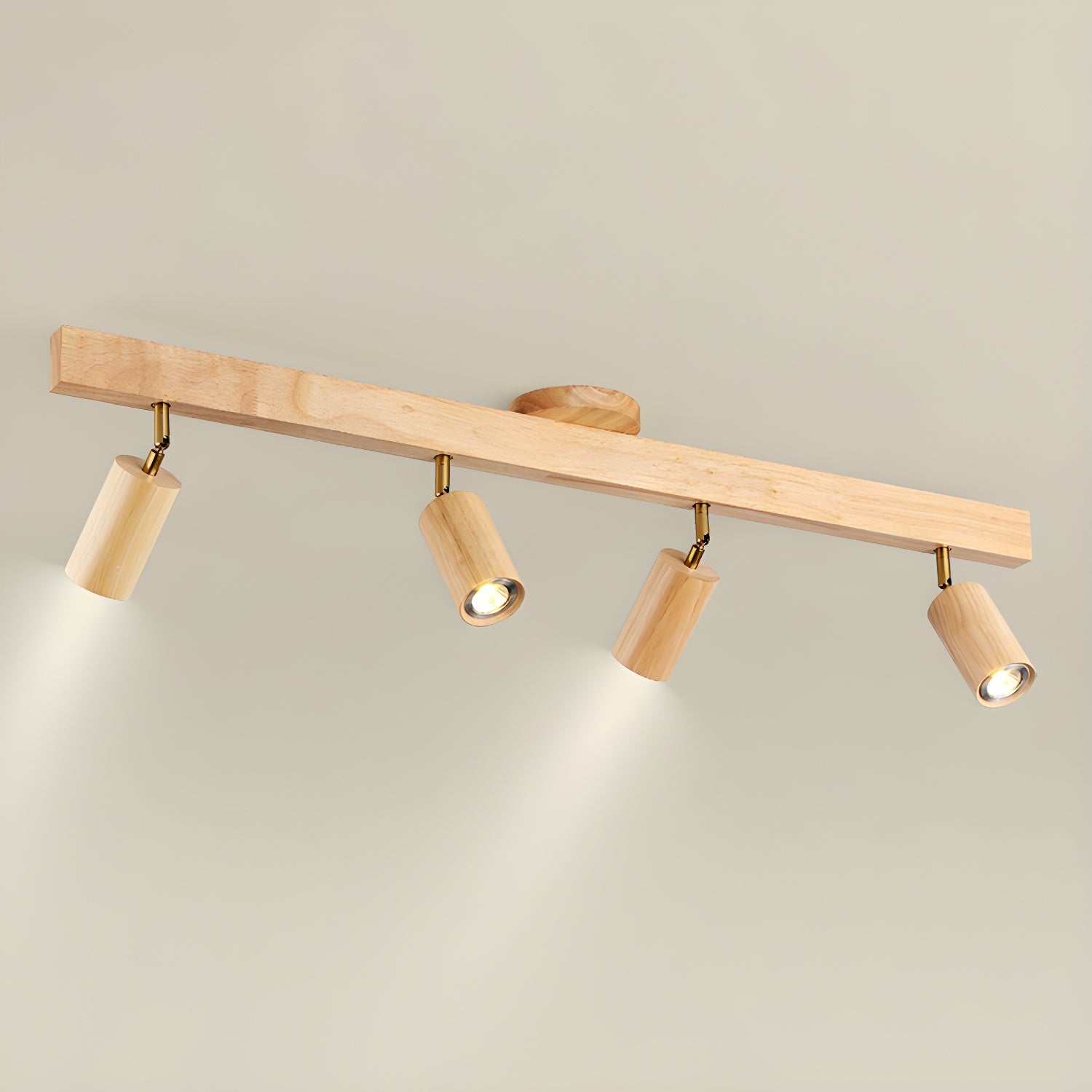 Wood shade track spotlight illuminating a warm interior corner