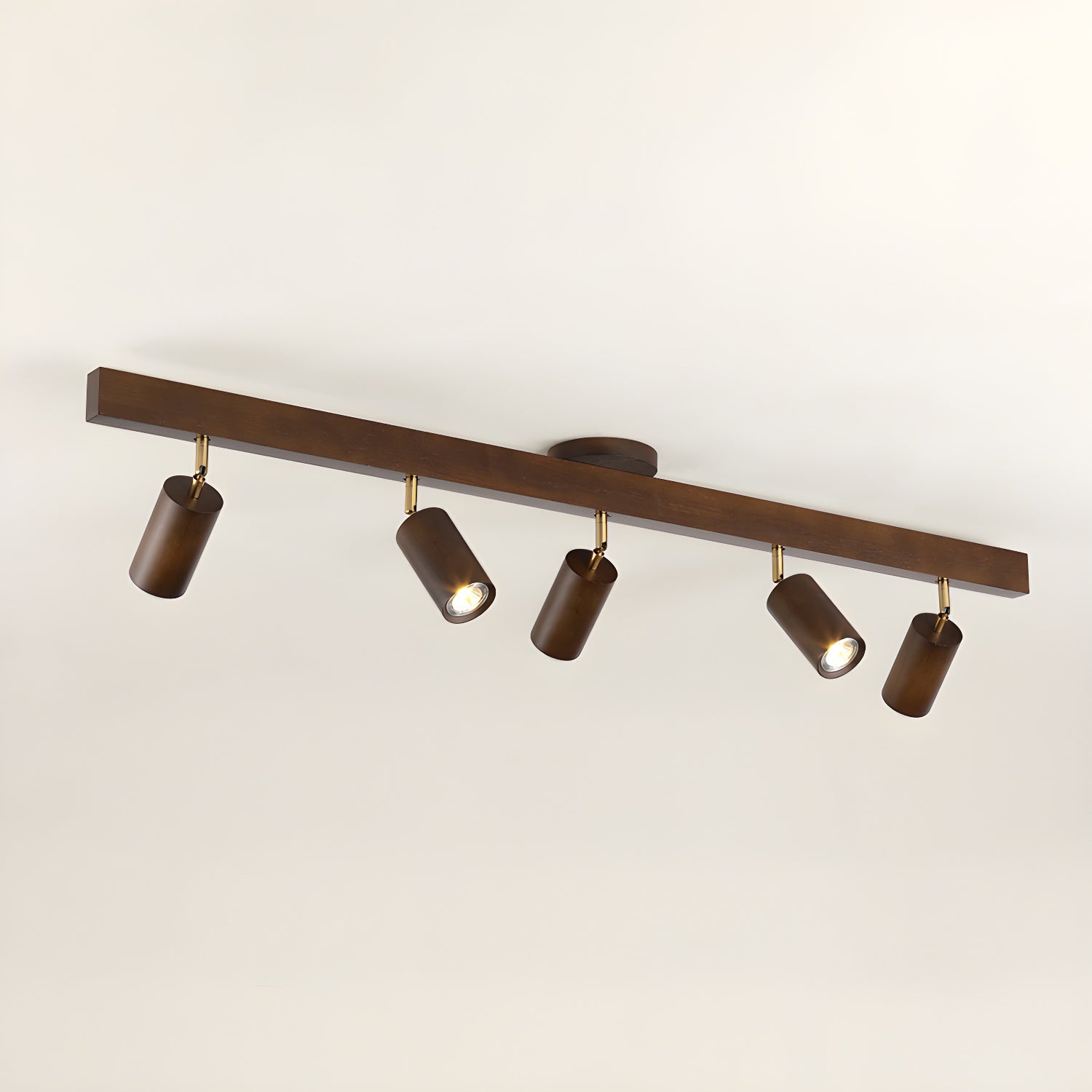 Adjustable wood-shade spotlight heads in a styled interior
