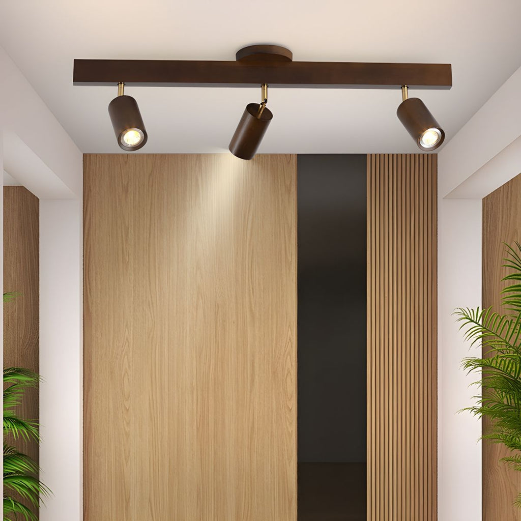 Natural wood spotlight heads angled across a ceiling