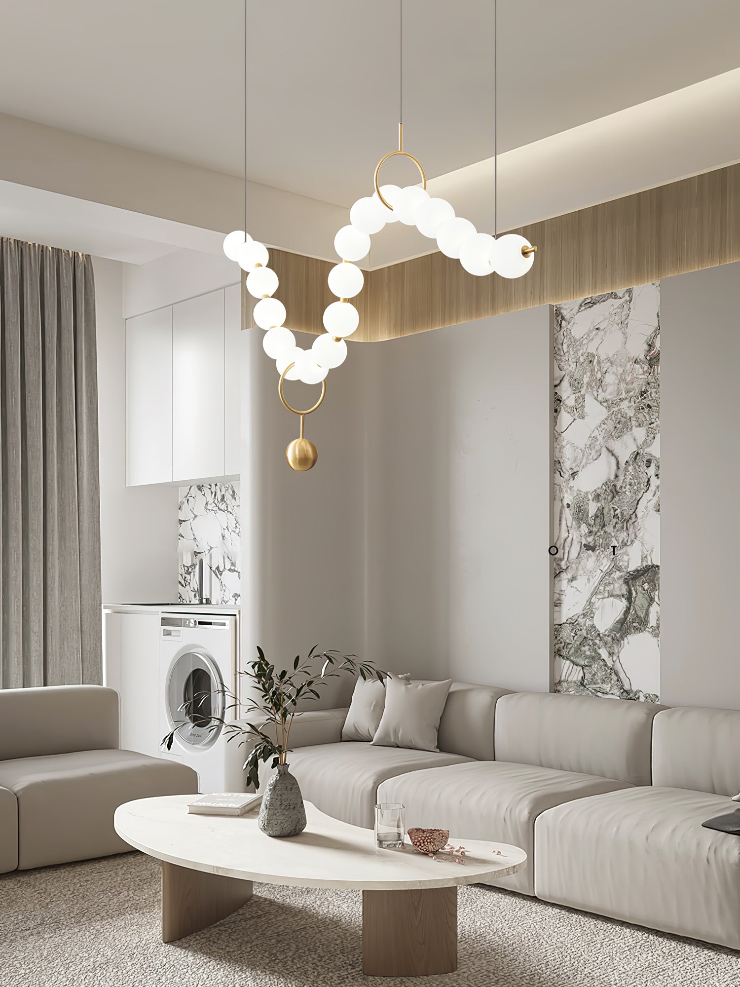 Necklace pendant light string of white globes lit warm
