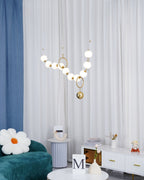 Necklace pendant light string of globes shown from below