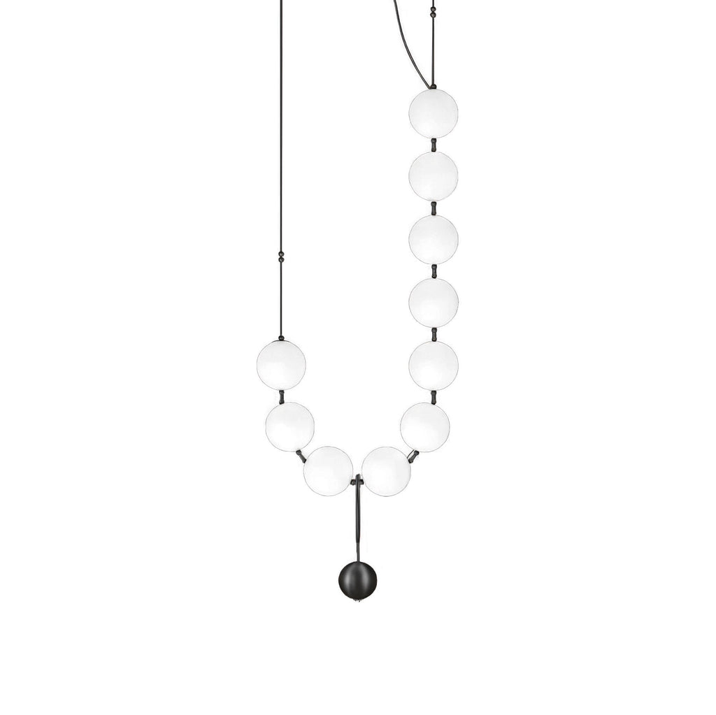 Necklace pendant light with gold frame and white glass globes