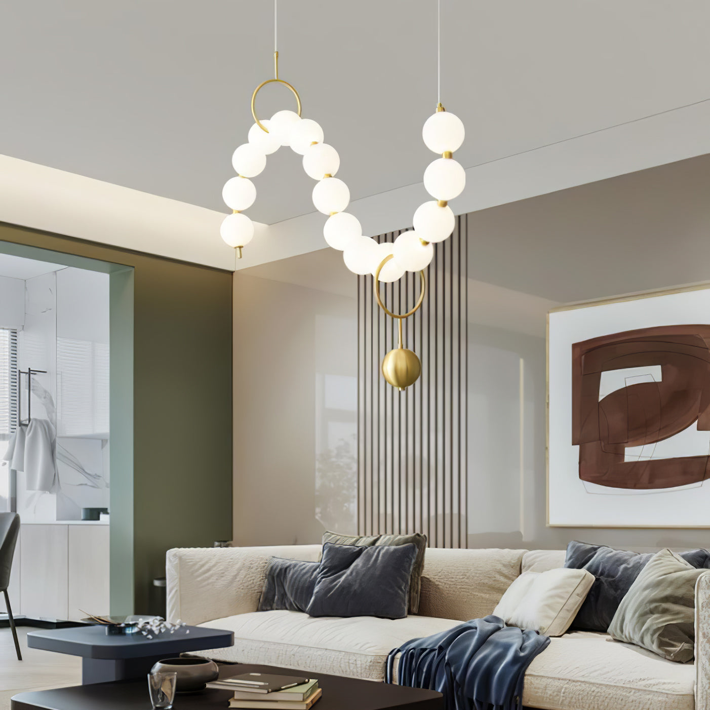 Necklace pendant light glowing as a sculptural feature