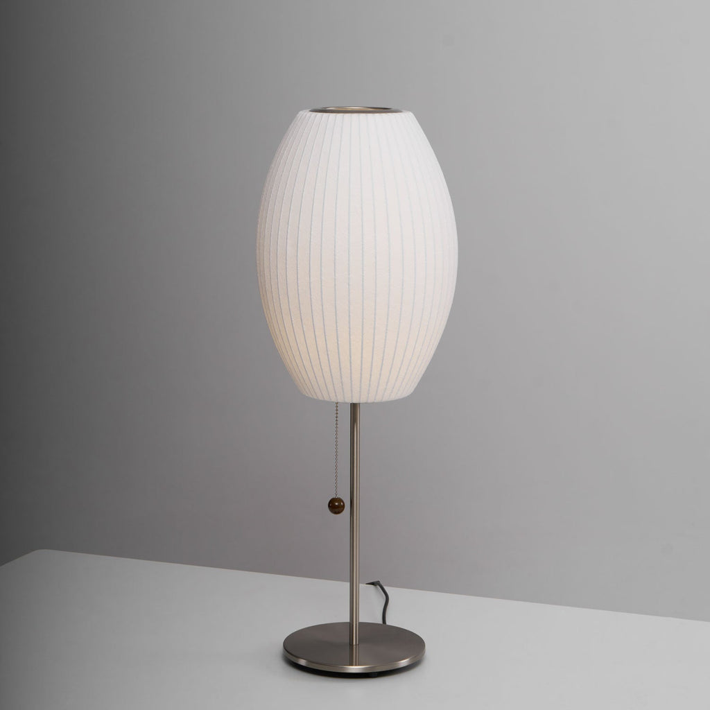 Faux silk bubble table lamp showing the pull-chain switch with wood accent