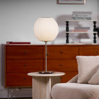 Faux silk bubble table lamp showing the pull-chain switch with wood accent