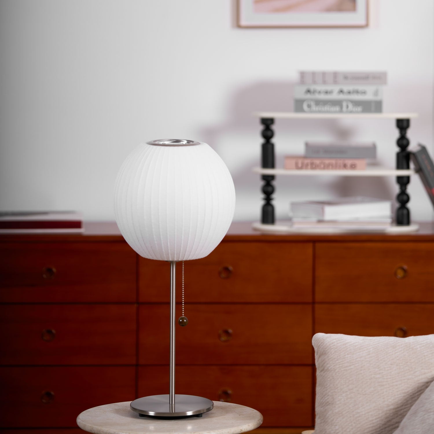 Faux silk bubble table lamp styled beside a sofa for warm ambient light