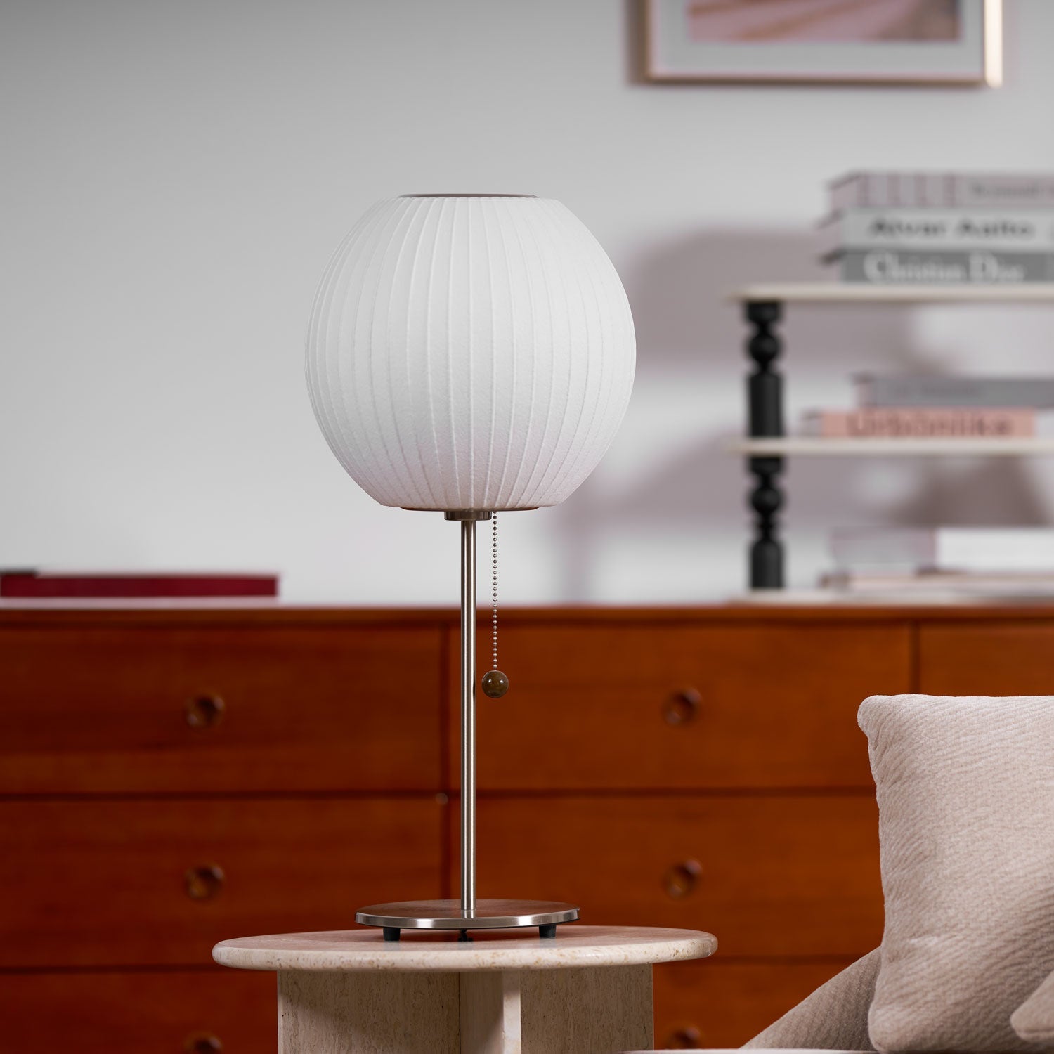 Faux silk bubble table lamp styled beside a sofa for warm ambient light