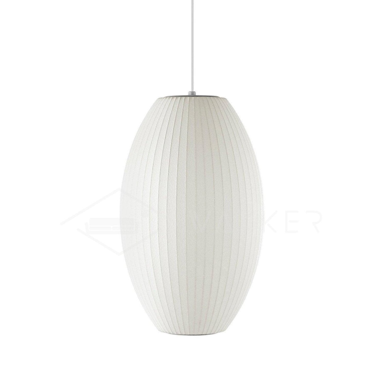 Tall white silk bubble pendant light shown on plain background