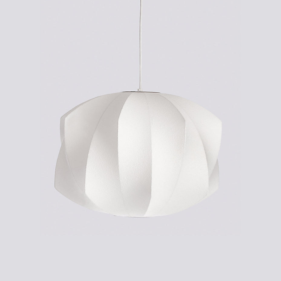 White silk bubble pendant light shown lit on a plain backdrop