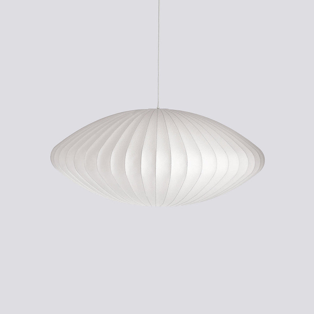 Silk bubble pendant light with soft criss-cross texture when lit