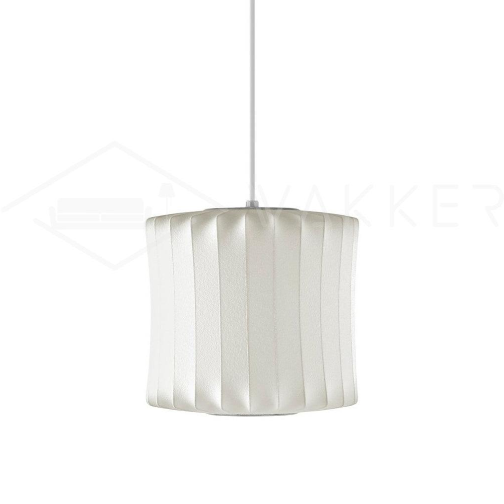 Lantern-shaped silk bubble pendant light on a clean background