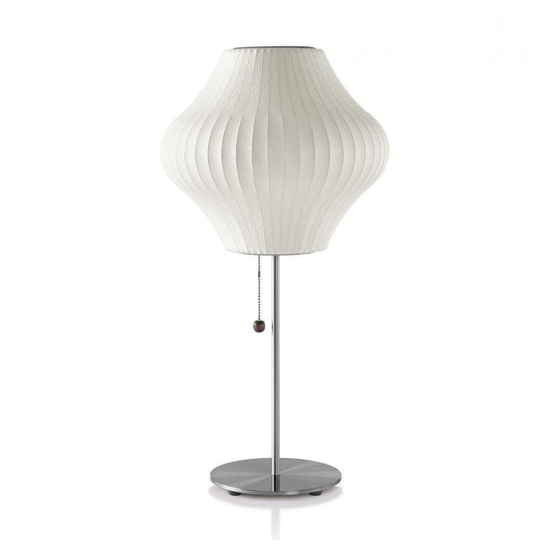 Faux silk bubble table lamp showing the pull-chain switch with wood accent