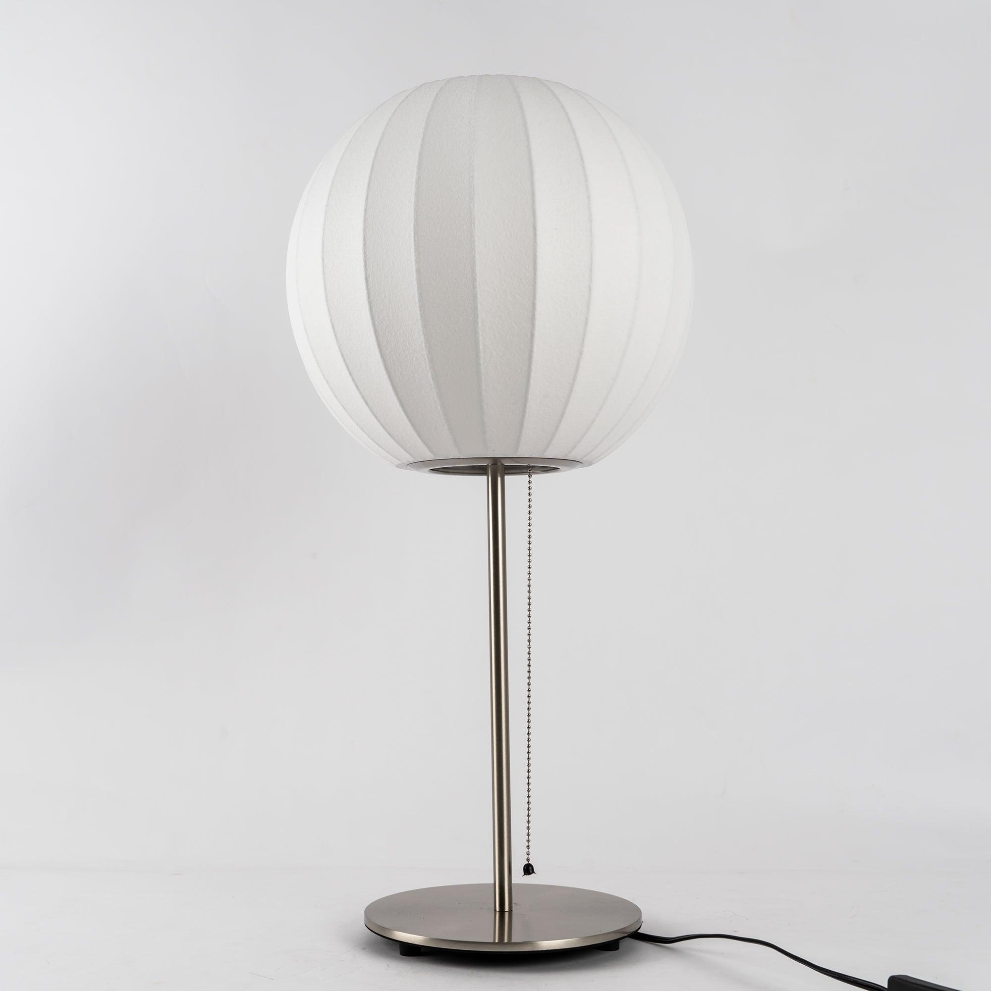 Faux silk bubble table lamp showing the pull-chain switch with wood accent