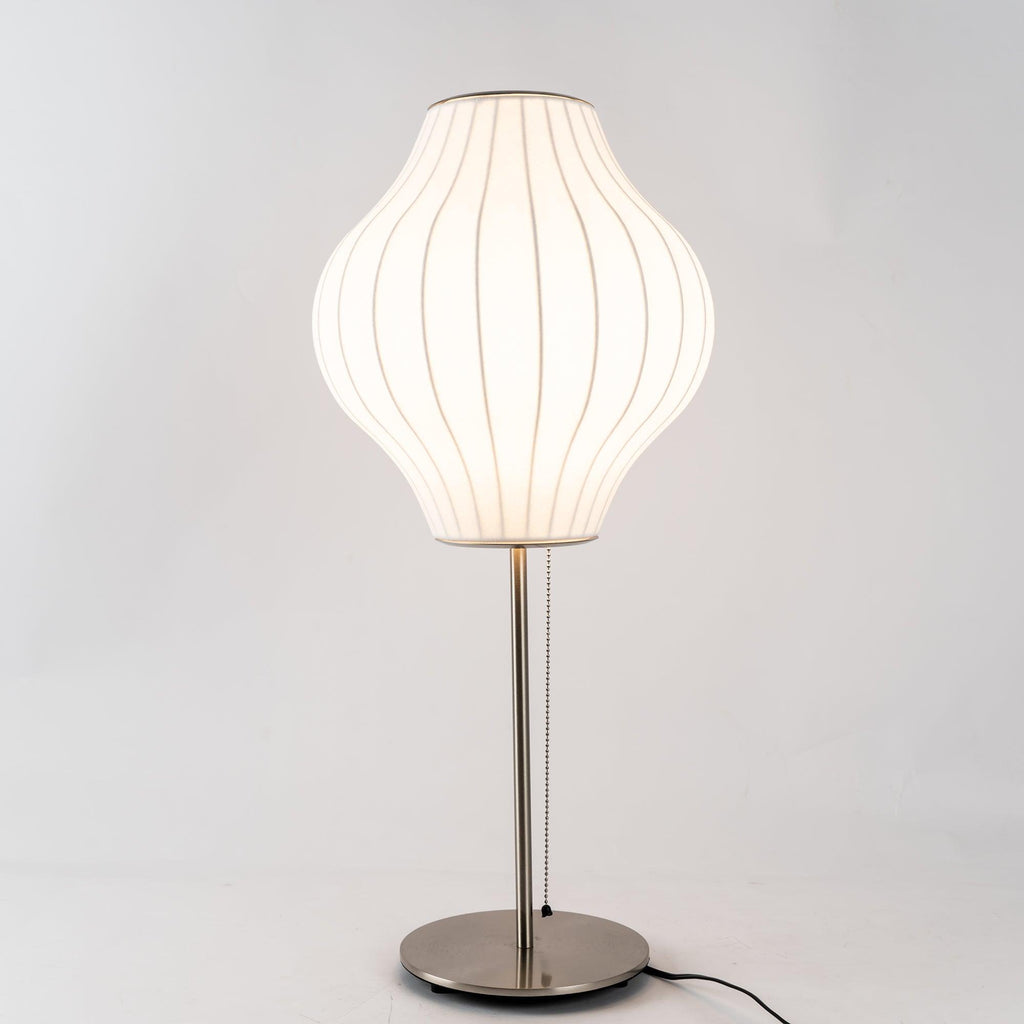 Faux silk bubble table lamp showing the pull-chain switch with wood accent