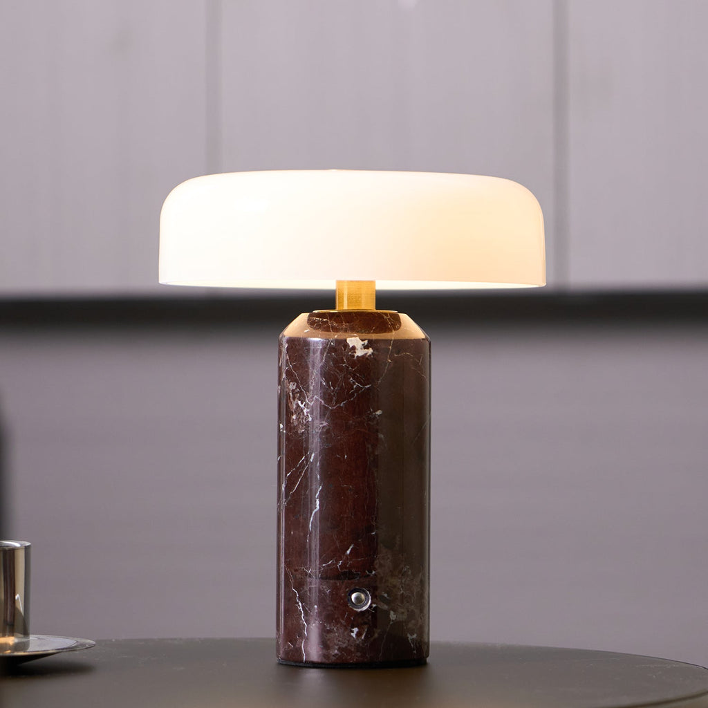 Marble base lamp with opaline glass shade and brass ring