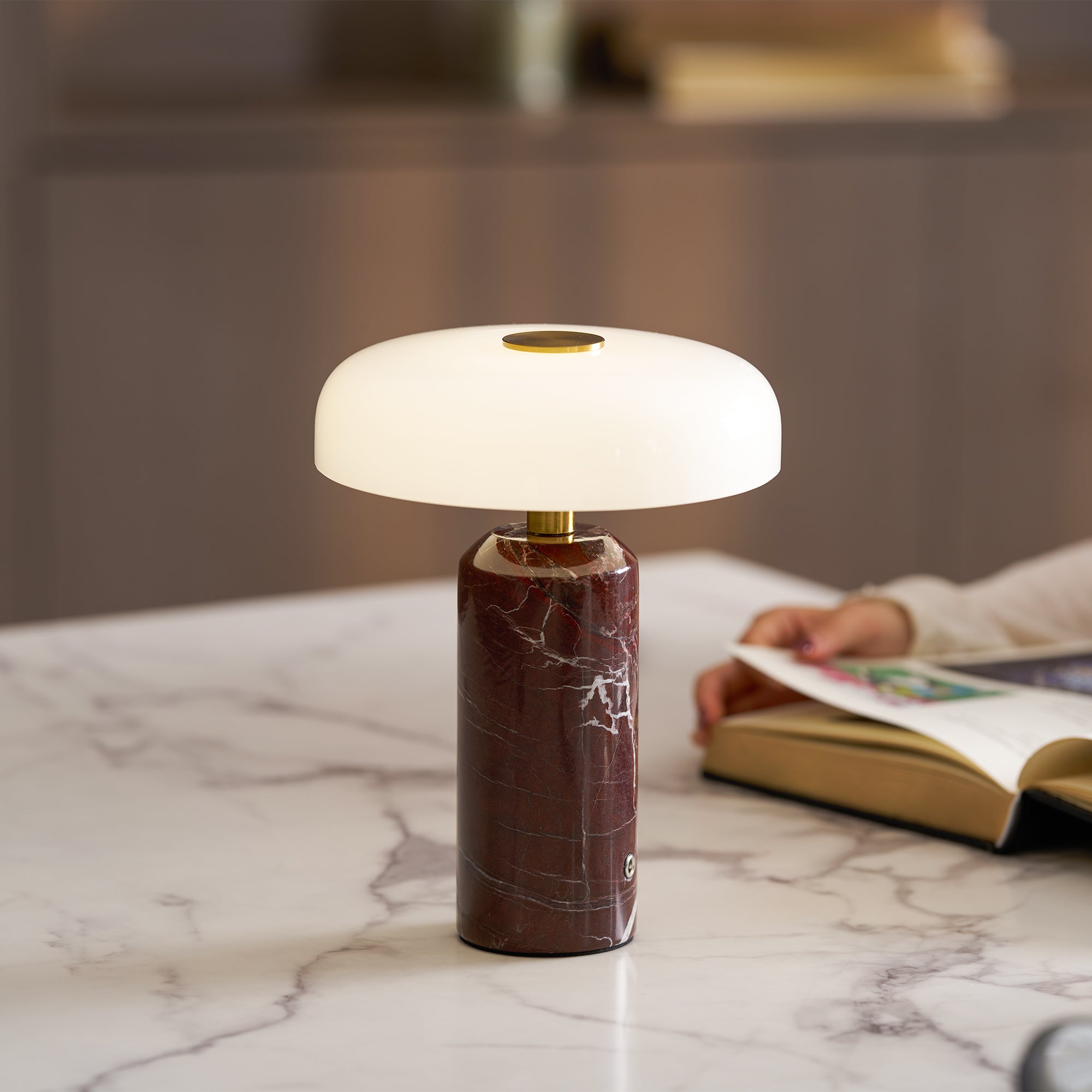 Table Lamp, Opaline Glass Shade, Marble Base, Cordless LED