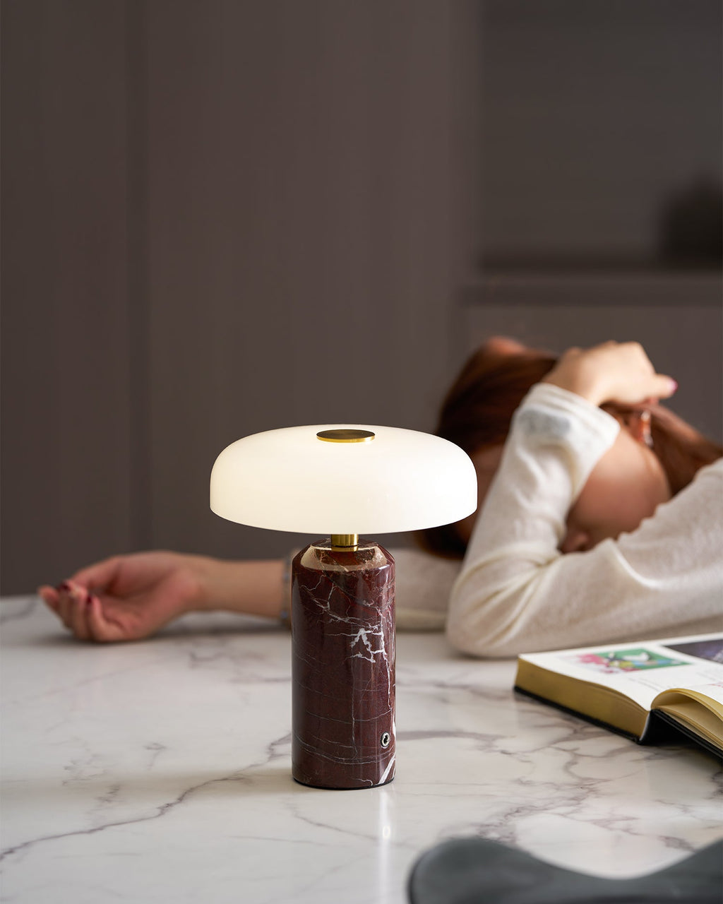 Table Lamp, Opaline Glass Shade, Marble Base, Cordless LED