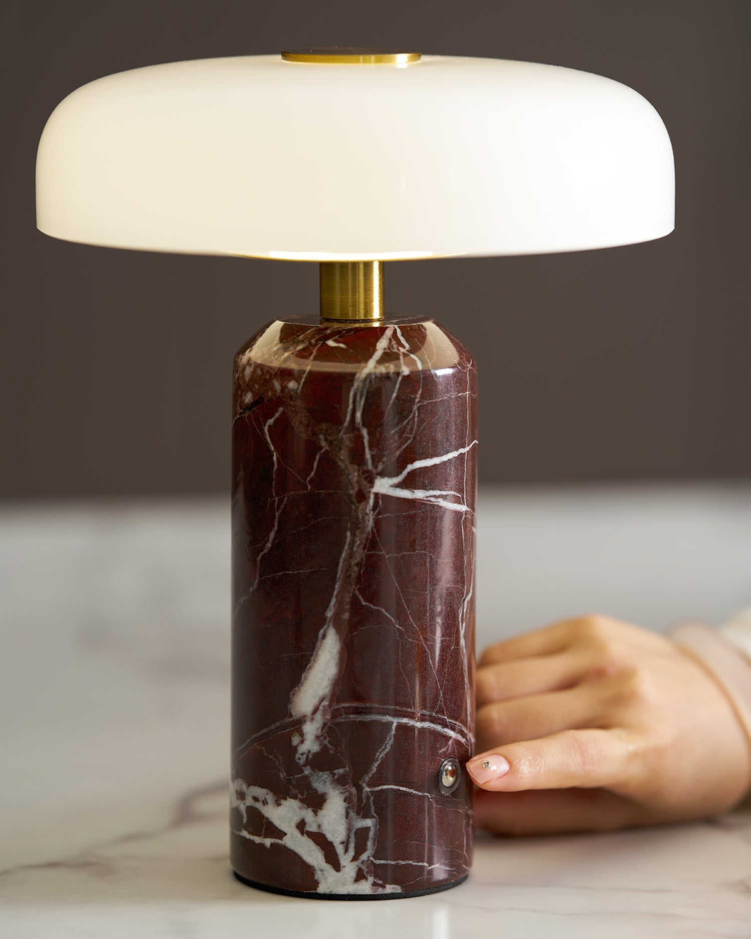 Table Lamp, Opaline Glass Shade, Marble Base, Cordless LED