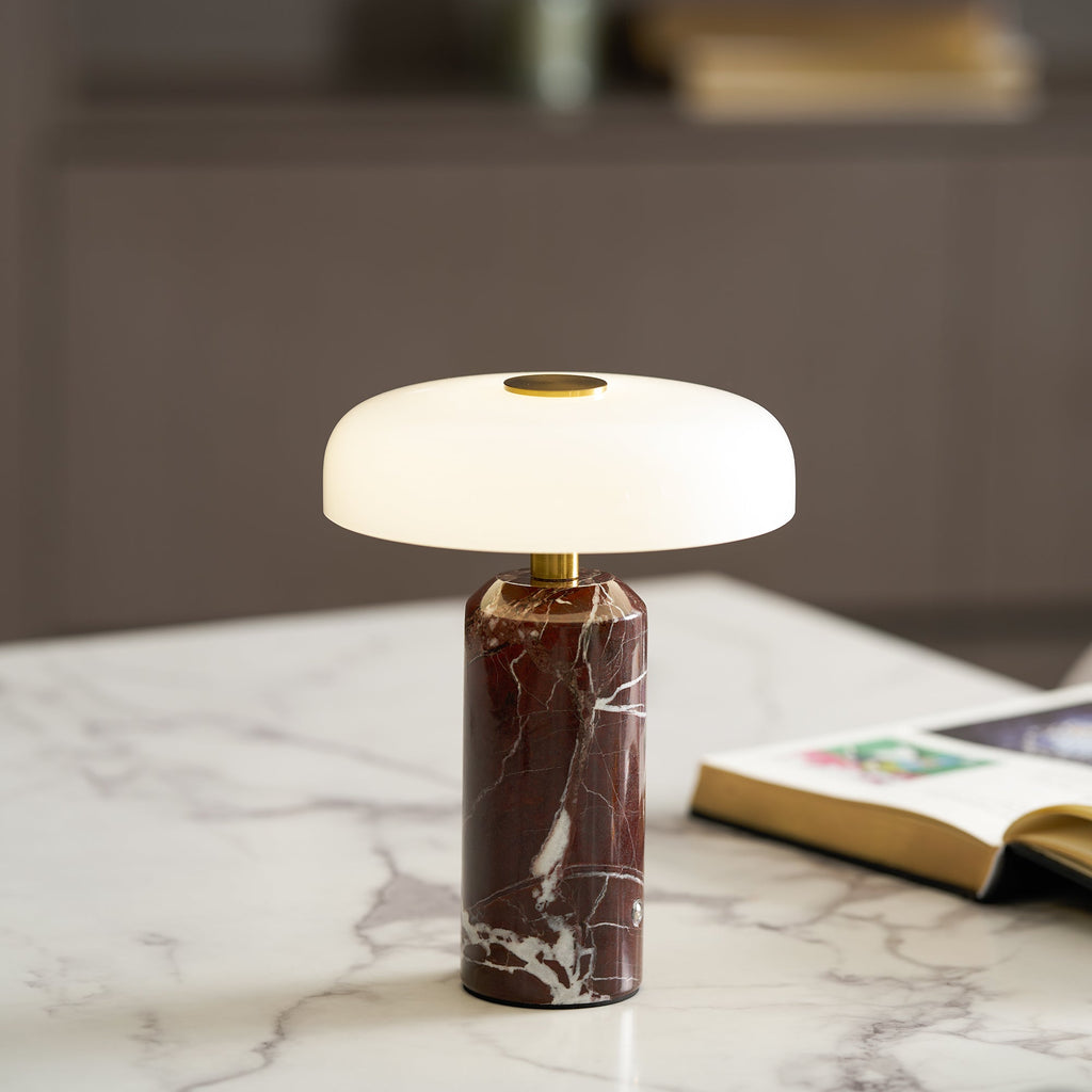 Table Lamp, Opaline Glass Shade, Marble Base, Cordless LED