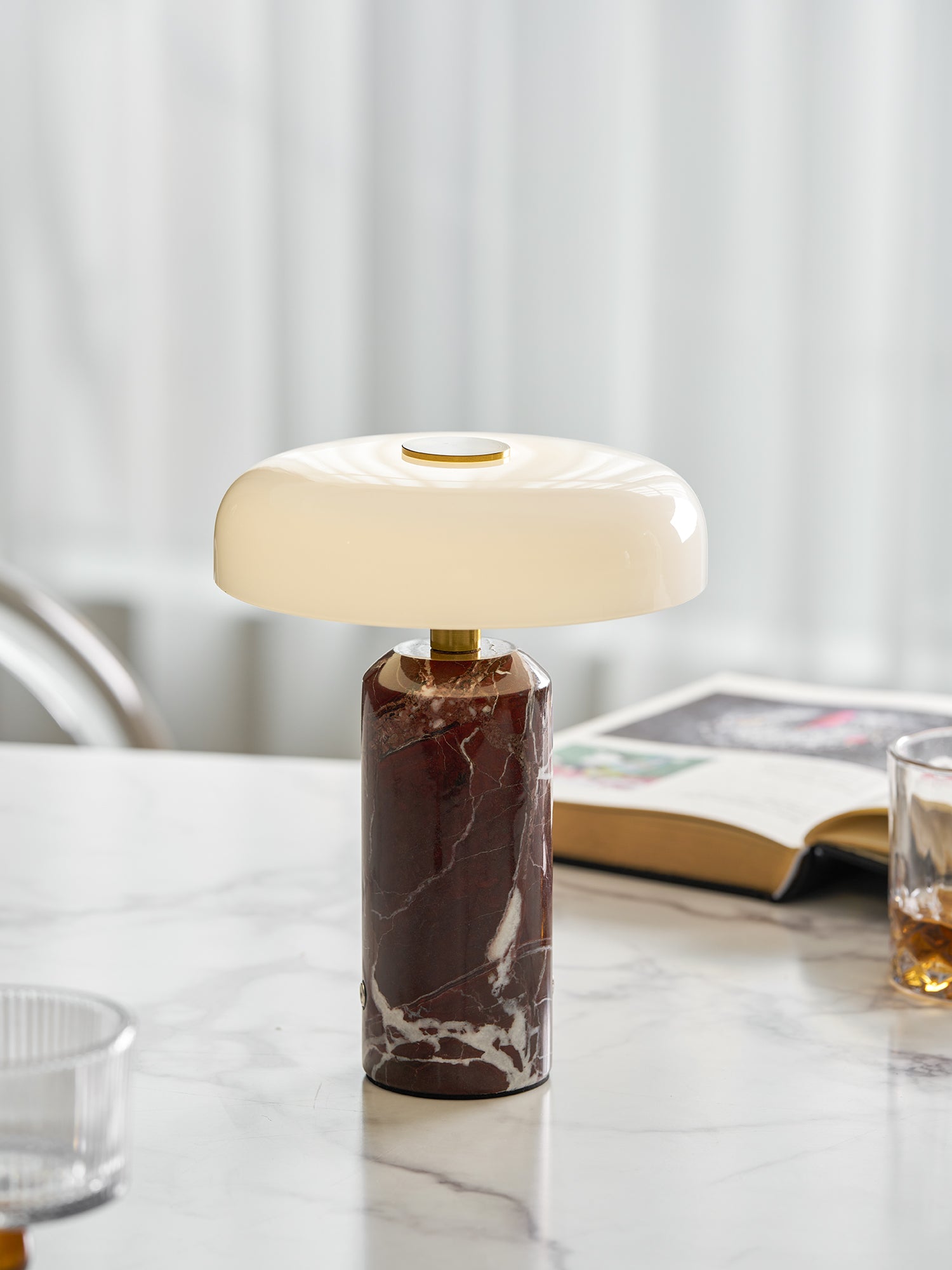 Table Lamp, Opaline Glass Shade, Marble Base, Cordless LED