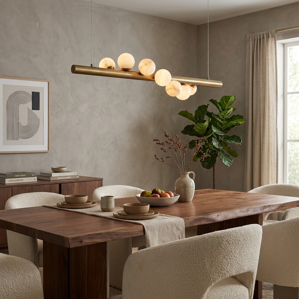 Above a wood dining table with cream boucle chairs, this Clérachic pendant in brushed brass hangs near a potted fig tree.