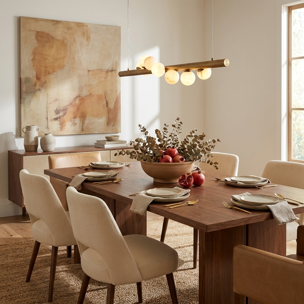 Beneath a terracotta abstract print, this Clérachic pendant in brushed brass hangs over a table set with a bowl of pomegranates.