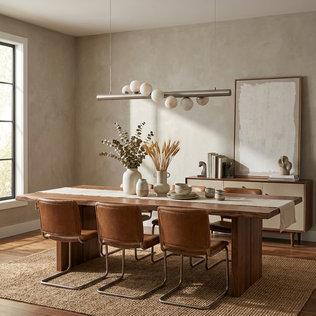 Over a table with cognac leather chairs on steel legs, this Clérachic pendant in brushed nickel clusters its alabaster spheres.